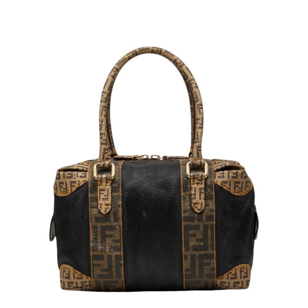 Fendi Boston Zucca Handbag Zucchino Bag Brown Black Shoulder Canvas Brown Black